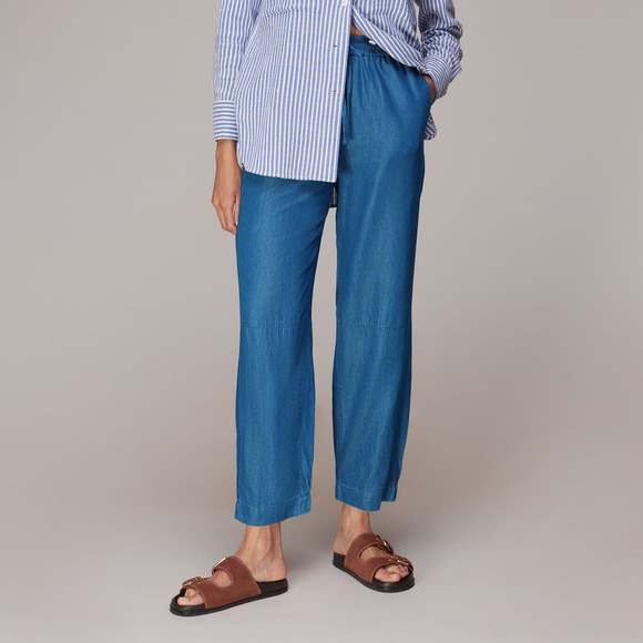 Whistles Lucy Pants Chambray Barrel Trouser Mid Rise Drawstring Blue NWT  8 - Picture 1 of 13